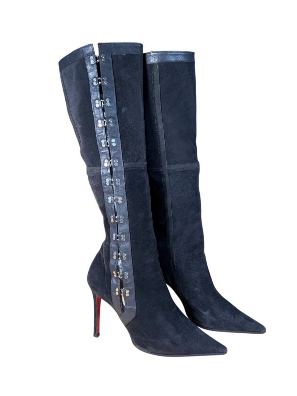Christian Louboutin Suede Knee High Pointed Toe Black Heeled Boots Size EU 38